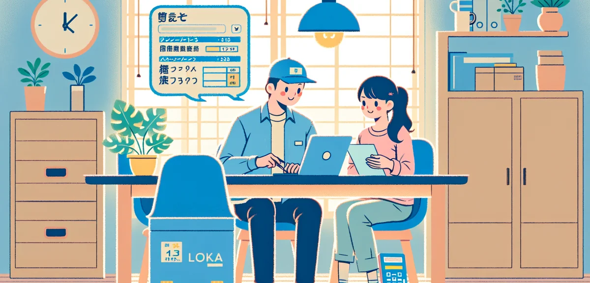 A Japanese couple comparing moving company quotes on a laptop at their kitchen table, documents and
