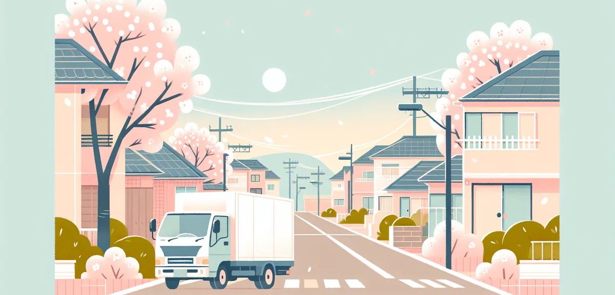 A moving truck parked in a Japanese residential neighborhood on a quiet weekday, cherry trees along