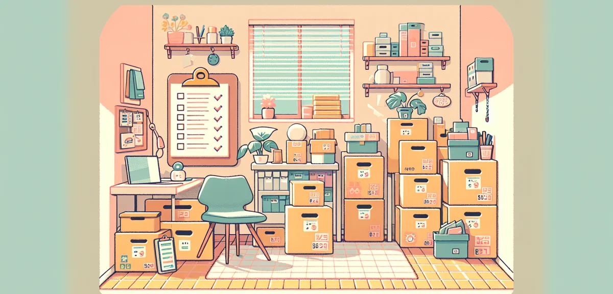 Organized packing supplies and labeled cardboard boxes in a Japanese apartment living room, checklis