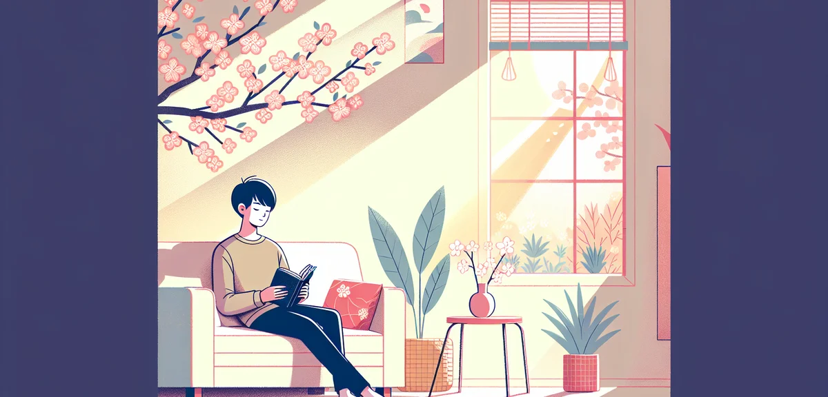 A relaxed young Japanese person lounging on a cozy sofa at home during spring, reading a book with s