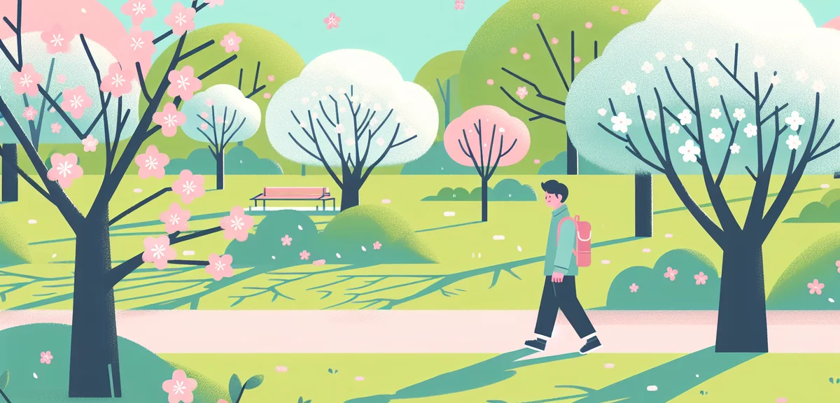 A Japanese person enjoying a peaceful walk in a green park during golden week spring, cherry trees a