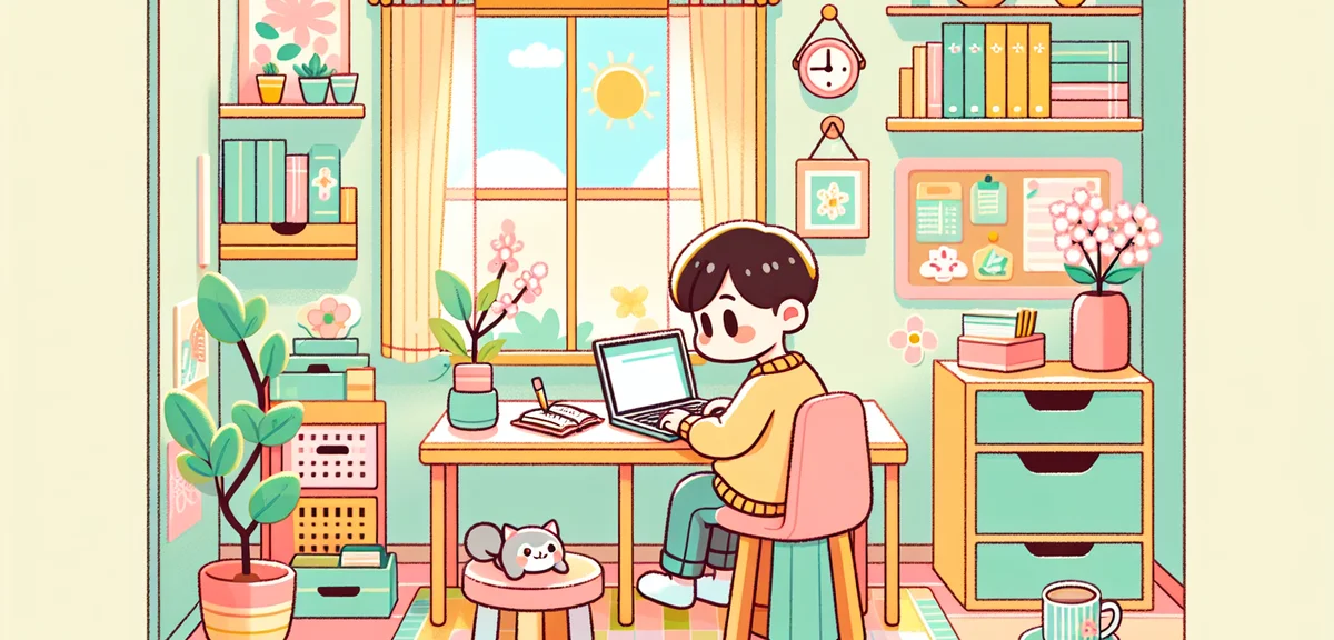 A Japanese person studying at a clean desk with laptop and notebook, coffee cup nearby, bright room 