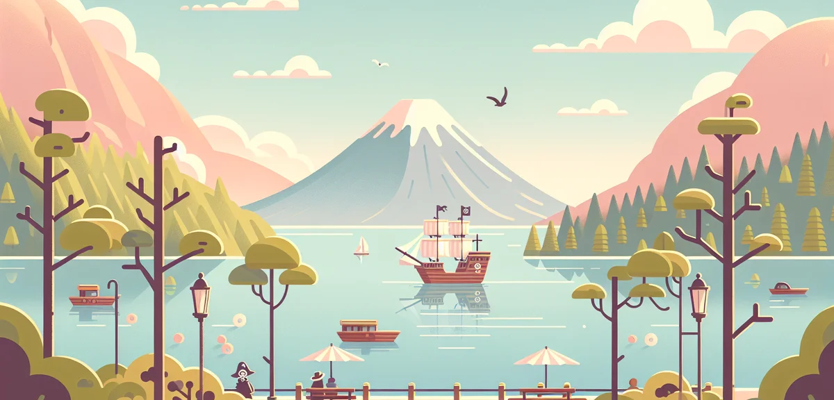 Scenic view of Lake Ashi (Ashinoko) in Hakone with a pirate ship cruise boat, Mount Fuji in the back