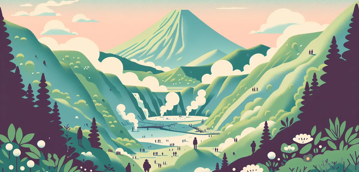 Early morning view of Owakudani volcanic valley in Hakone with steam rising, few visitors enjoying t