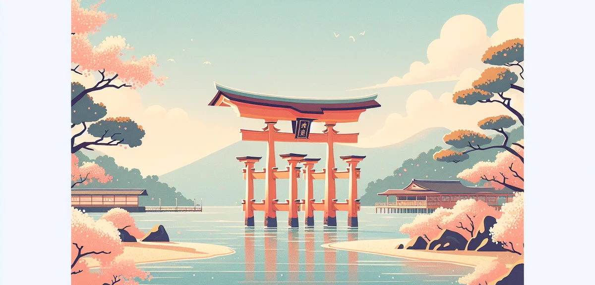 Itsukushima Shrine torii gate in Miyajima island during spring with blue sky and calm water, traditi