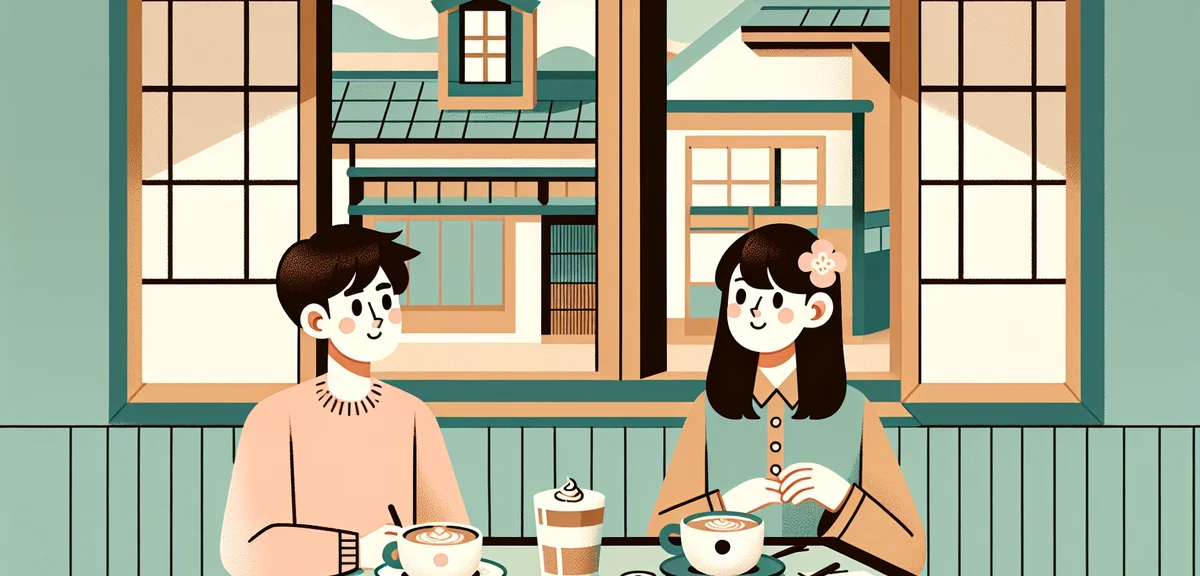 Japanese couple sitting at vintage cafe in old Japanese townhouse kominka, latte art on table, retro