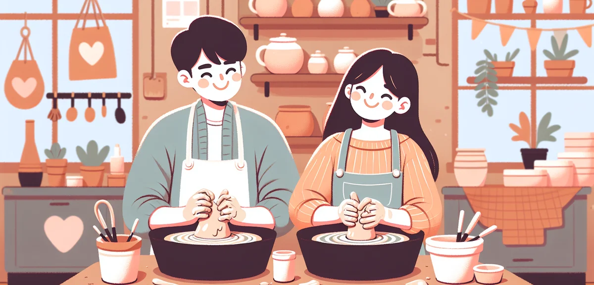 Japanese couple enjoying pottery making workshop together, hands covered in clay, cozy artisan studi