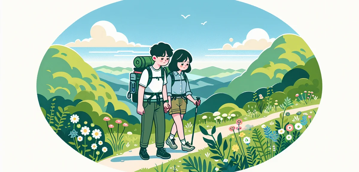 Japanese couple hiking on a quiet mountain trail with spring wildflowers, panoramic green landscape,