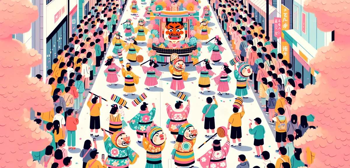 Vibrant Hakata Dontaku festival parade in Fukuoka Japan, colorful costumes, dancers with shamoji, cr