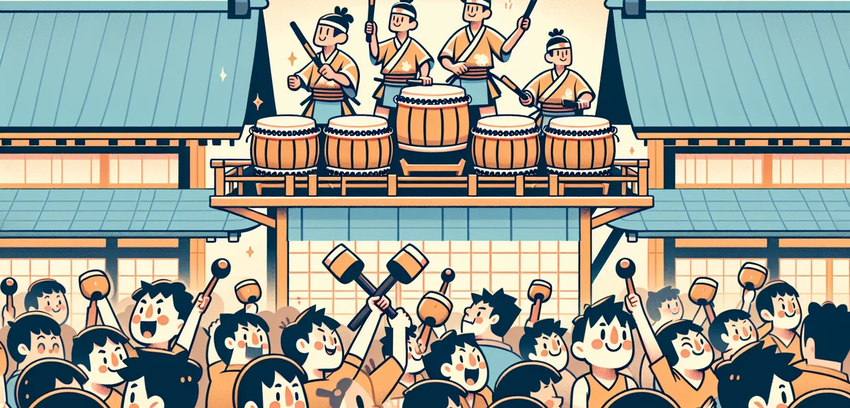 Traditional Japanese matsuri festival in Kumamoto, taiko drummers performing on stage, excited crowd