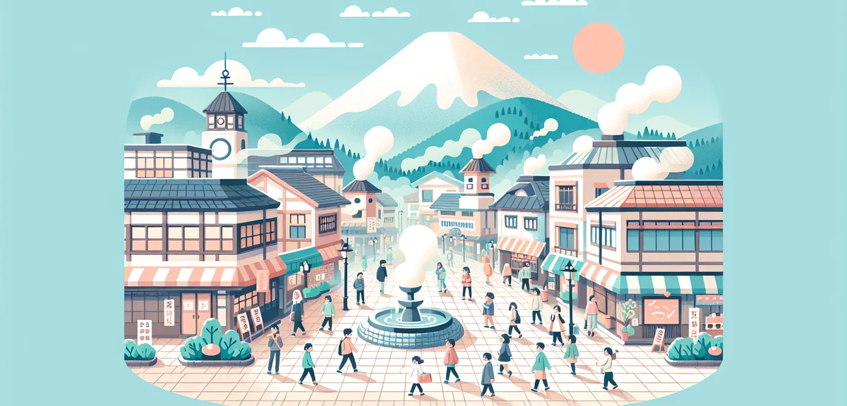 Beppu hot spring steam rising from town streets in Oita Japan, tourists walking, spring greenery, mo