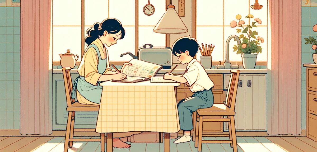 Japanese child doing homework at kitchen table with mother helping, workbooks and pencils, bright ho