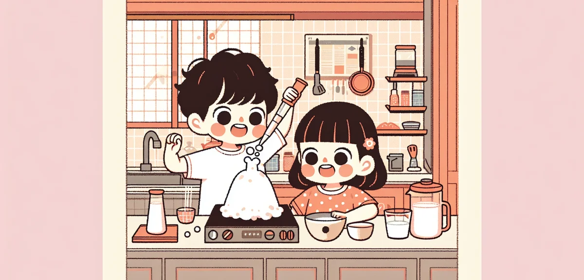 Japanese children doing science experiment at home, baking soda volcano, excited expressions, kitche