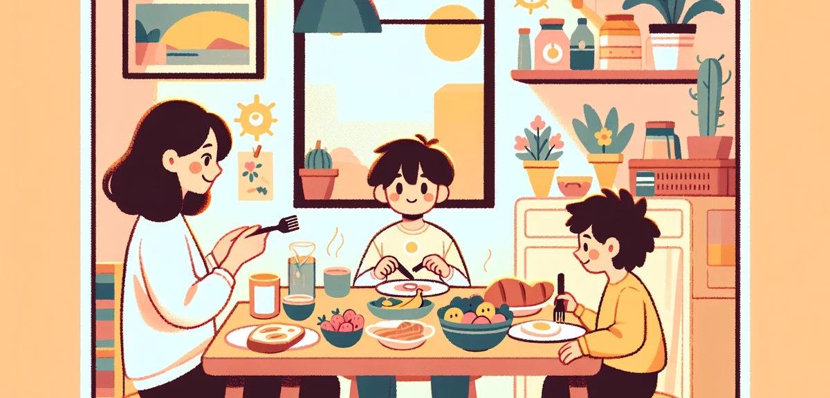 Japanese family having breakfast together, early morning sunlight, healthy meal, organized routine, 