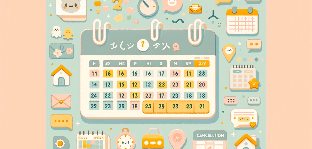 A calendar showing Golden Week dates with some rooms becoming available, cancellation arrows, Japane