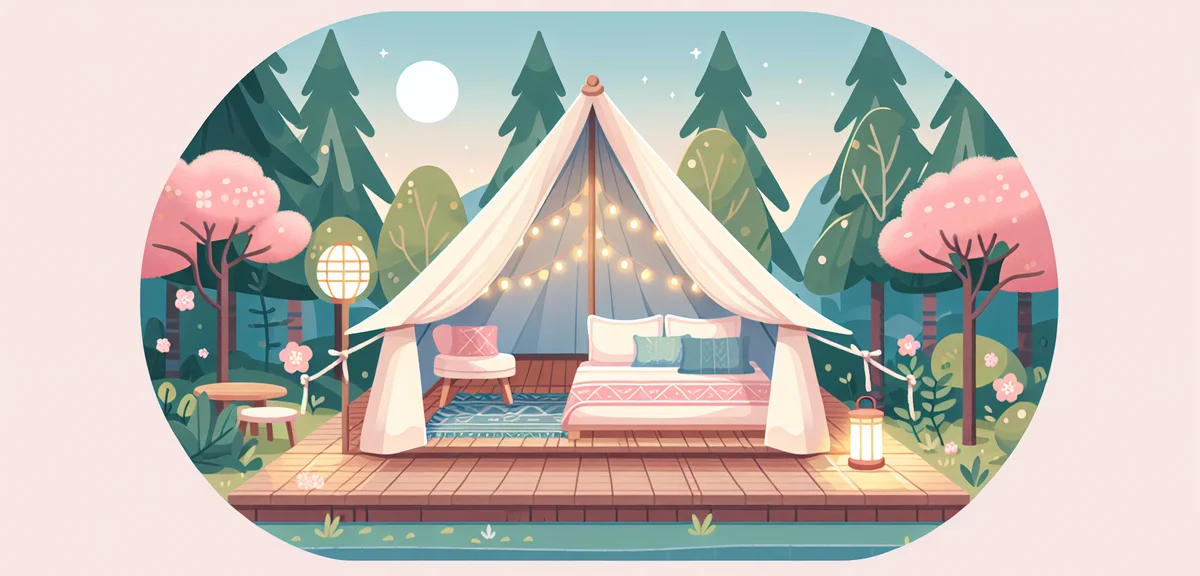 A cozy Japanese glamping tent interior with comfortable bed and warm lighting, surrounded by green f
