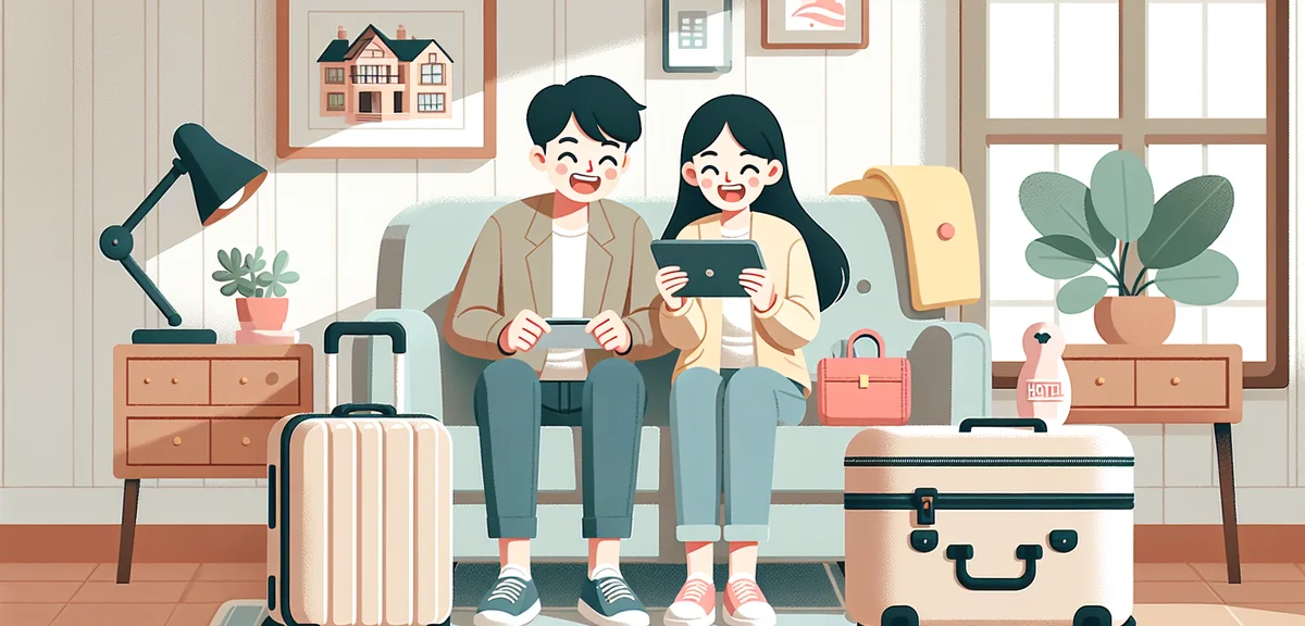 A happy Japanese couple looking at a great hotel deal on their tablet screen, surrounded by packed s