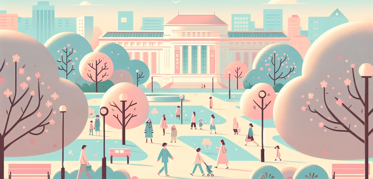 Ueno Park area with museum buildings visible through spring trees, families walking along paths, cul