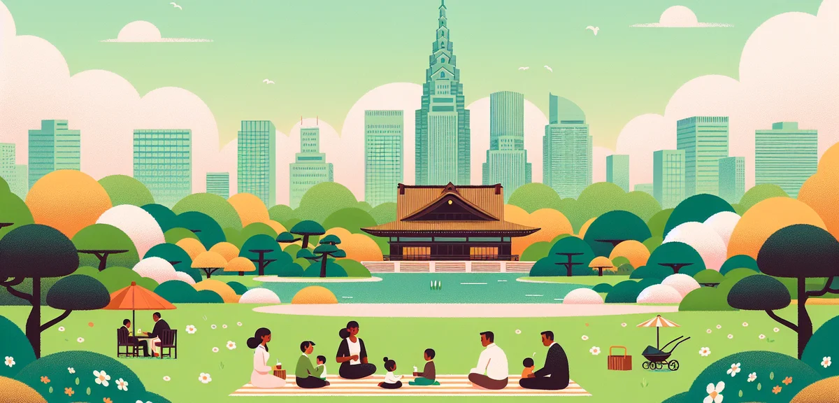 Shinjuku Gyoen garden with lush spring greenery, families relaxing on the lawn, traditional Japanese
