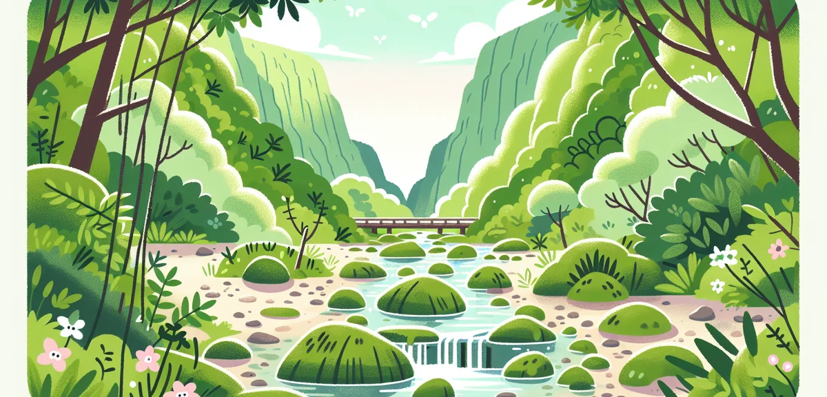 Lush green Yororo Valley hiking trail along a clear stream, moss-covered rocks, spring foliage canop