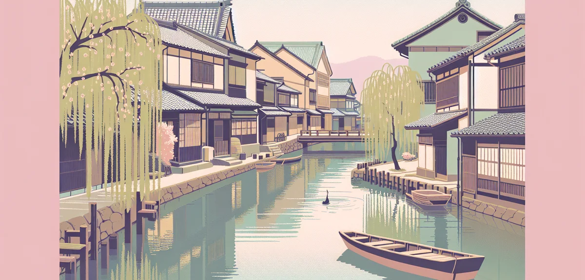 Traditional Japanese merchant town of Sawara with old buildings along a calm canal, willow trees ref
