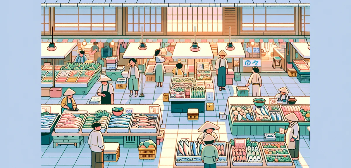 Katsuura morning market in Chiba with fresh seafood and vegetables displayed on tables, local vendor