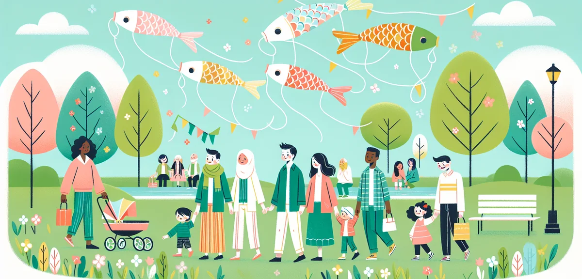 A bright Japanese spring scene with koinobori (carp streamers) flying in the wind against blue sky, 