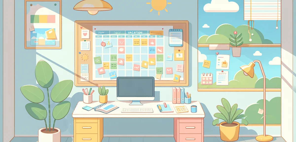 A planning board or whiteboard showing different vacation patterns with colorful sticky notes and a 