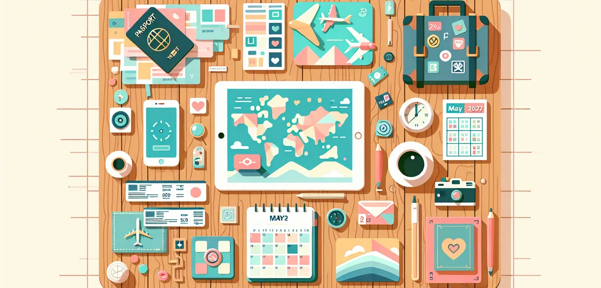 A travel planning flat lay with passport, map, smartphone showing booking app, plane tickets, and a 