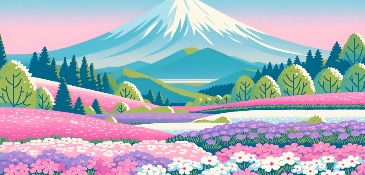 Panoramic view of Hitsujiyama Park in Chichibu with colorful shibazakura moss phlox flowers covering