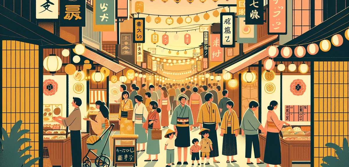 A retro Japanese shopping street recreation with Showa-era signs, paper lanterns, and families walki