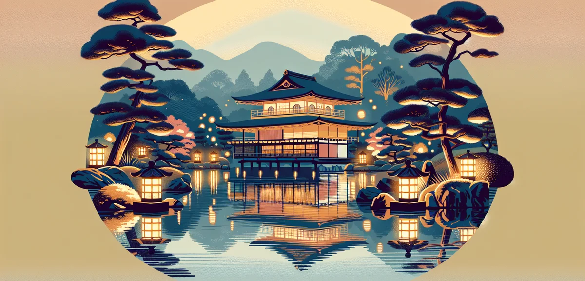 Korakuen Garden Okayama at dusk with illumination lights reflecting on pond, traditional garden with