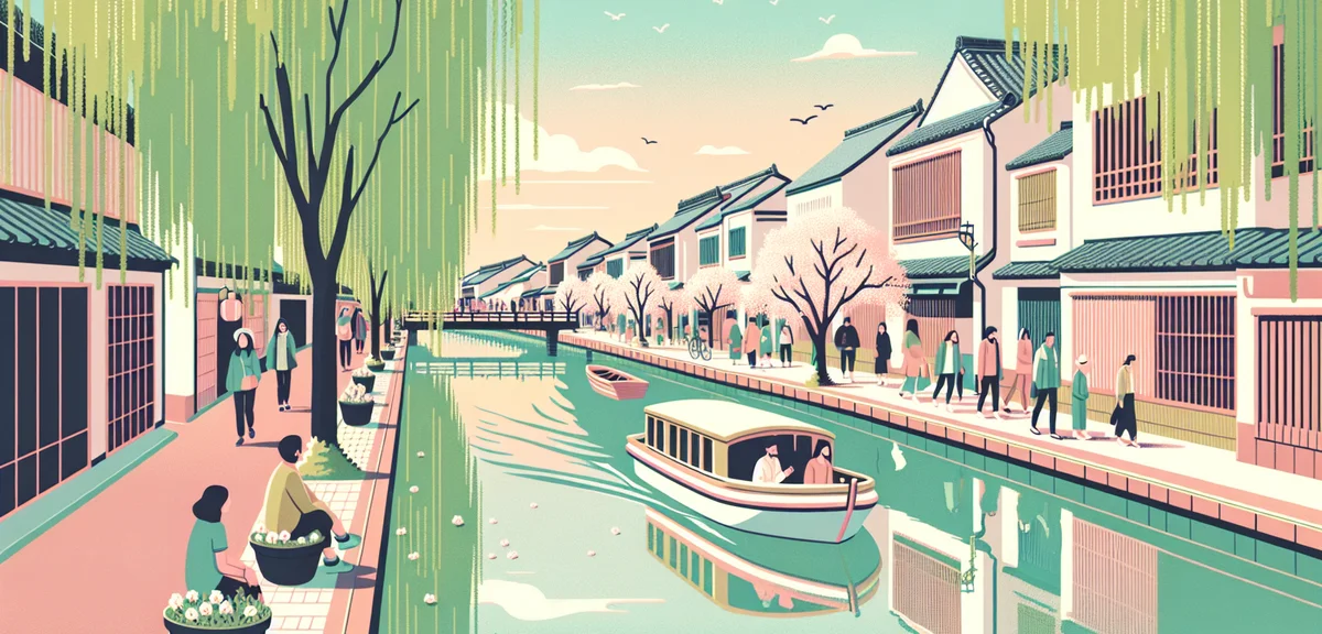 Kurashiki Bikan canal area with white-walled warehouses, weeping willows with fresh green leaves, a