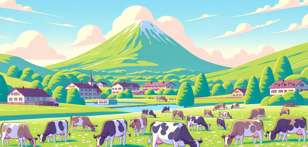 Hiruzen Highland Jersey cows grazing on green meadow with Mt. Hiruzen in background, fresh spring at