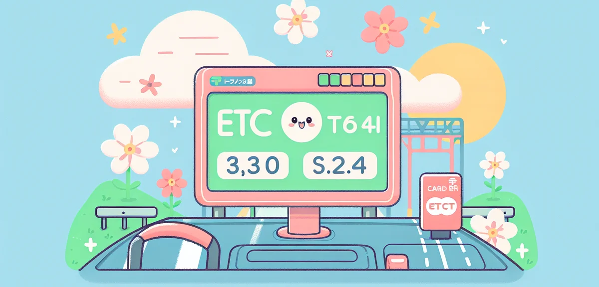 Digital display showing Japanese highway toll prices, ETC card reader in car dashboard, spring backg