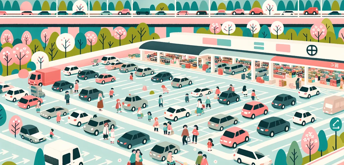 Japanese highway service area parking lot with many cars, families shopping, spring flowers