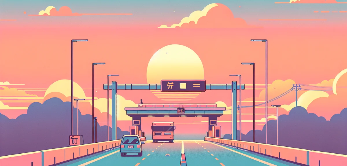 Early morning Japanese highway drive, sunrise view from car windshield, toll booth in distance, mini