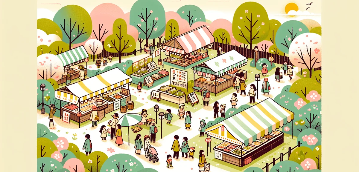 Kotodai Park in Sendai during food festival, food stalls and families, spring greenery, festive atmo