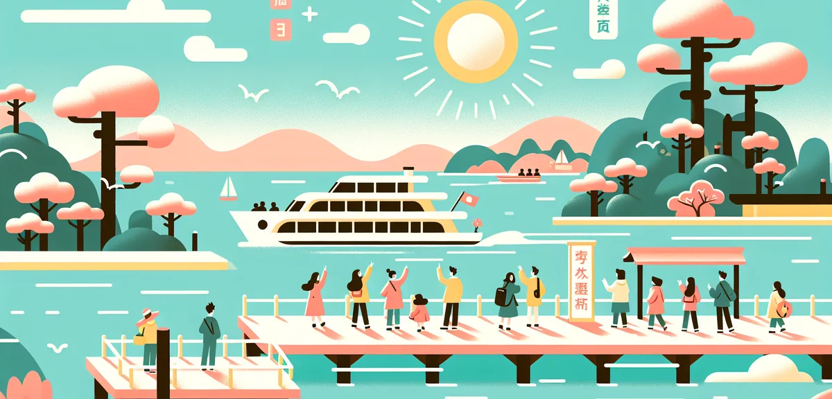 Matsushima Bay boat cruise, scenic islands view, tourists on deck, spring sunny day, Japanese tradit