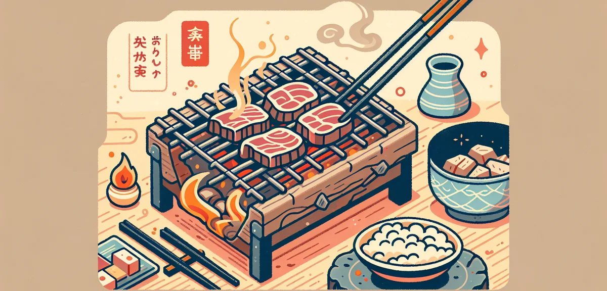 Sendai gyutan beef tongue grilling on charcoal, close-up food photography, traditional Japanese rest