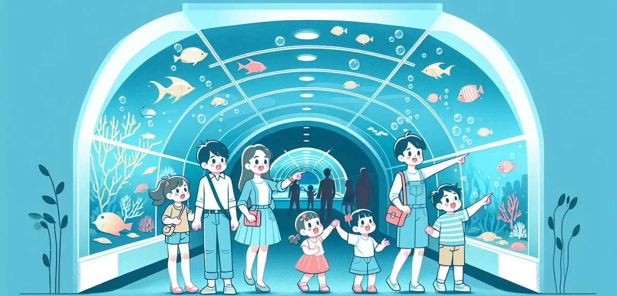 Family enjoying large aquarium tunnel, children pointing at fish, blue water light, indoor rainy day