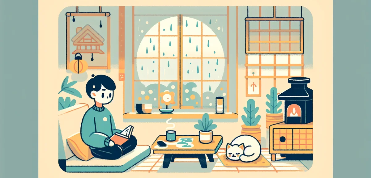 Cozy Japanese living room on rainy day, person reading book with coffee, cat sleeping nearby, rain o