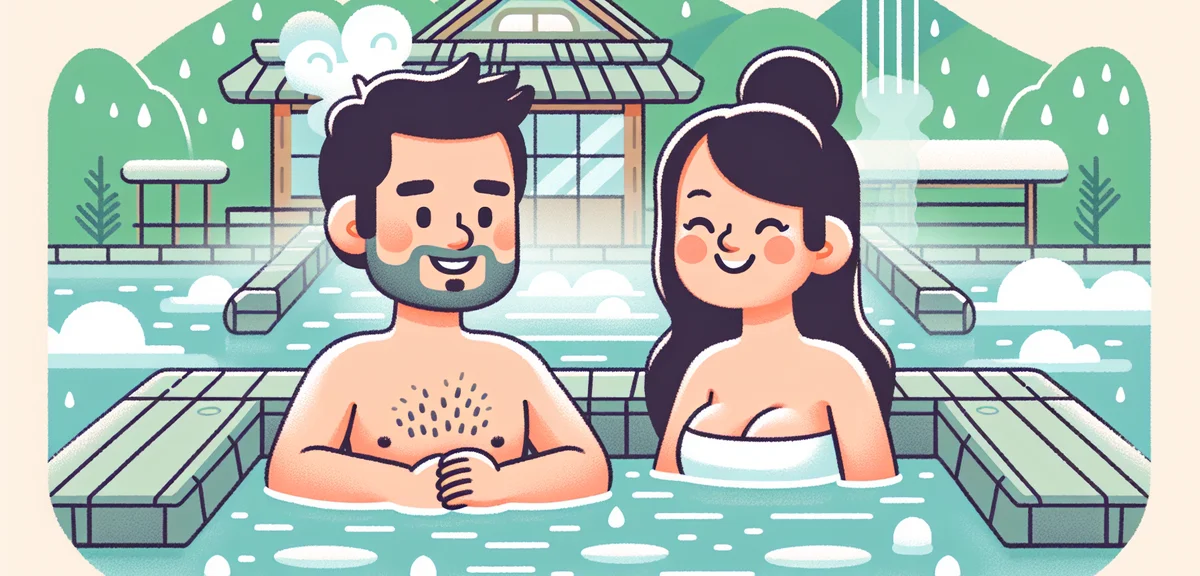 Couple enjoying Japanese hot spring onsen resort, outdoor bath with rain falling, steam rising, gree