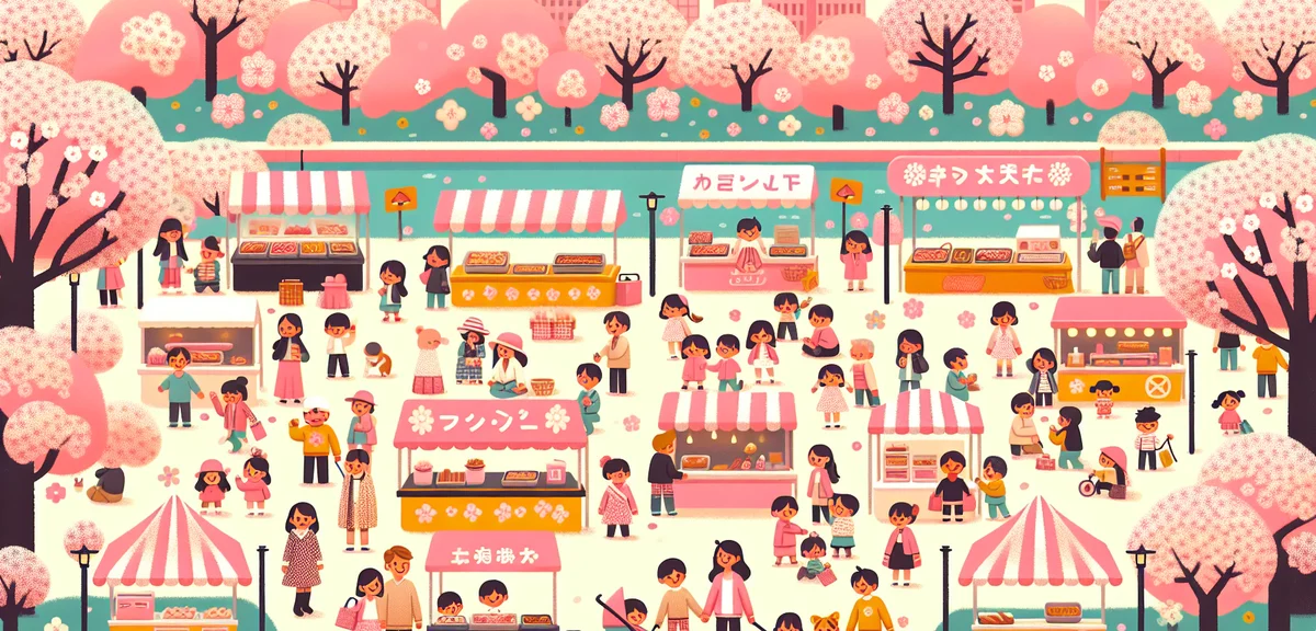 Sendai Kotodai Park spring festival with food stalls and cherry blossom trees, families enjoying out