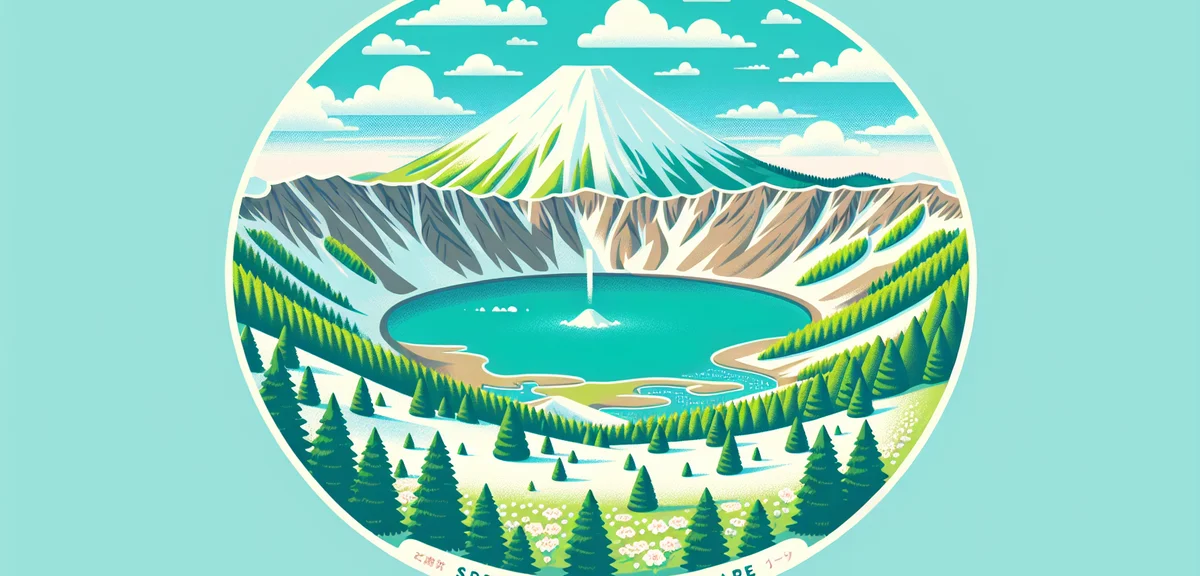 Zao Okama crater lake with emerald green water surrounded by snow-capped volcanic ridges, dramatic s