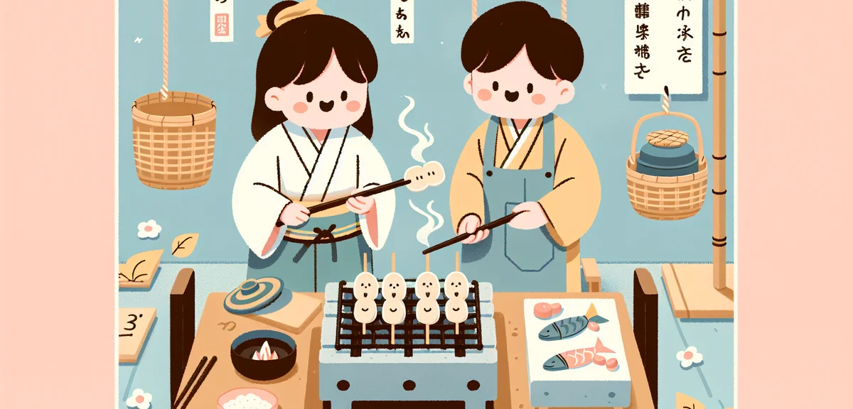 Traditional Japanese sasama-kamaboko fish cake grilling experience, hands holding bamboo stick with