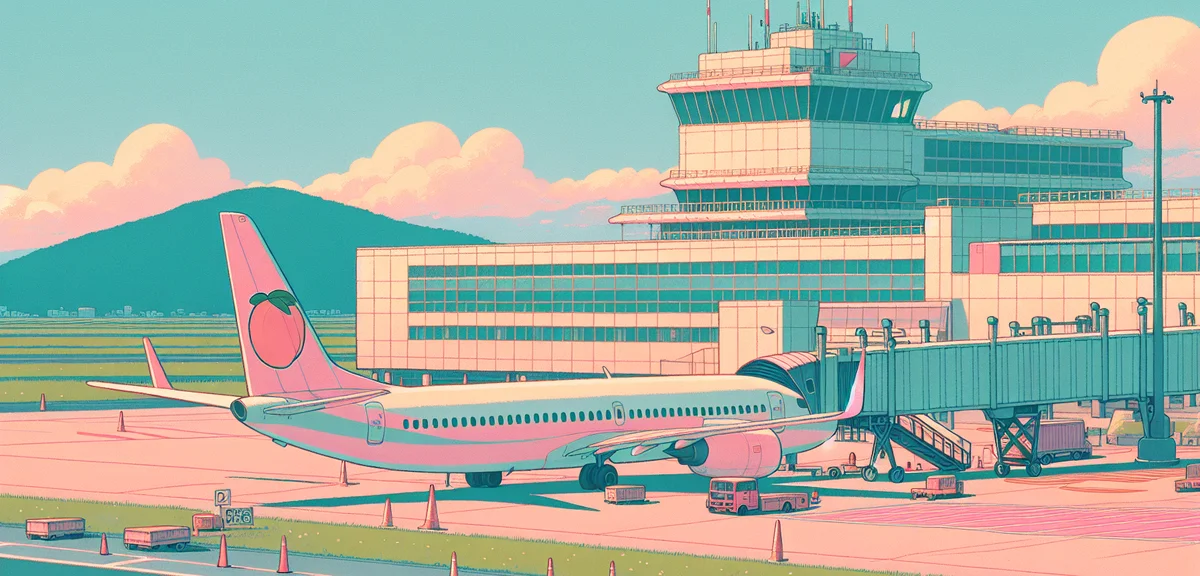 Low-cost carrier airplane (Peach Aviation style pink livery) on runway at Japanese regional airport,