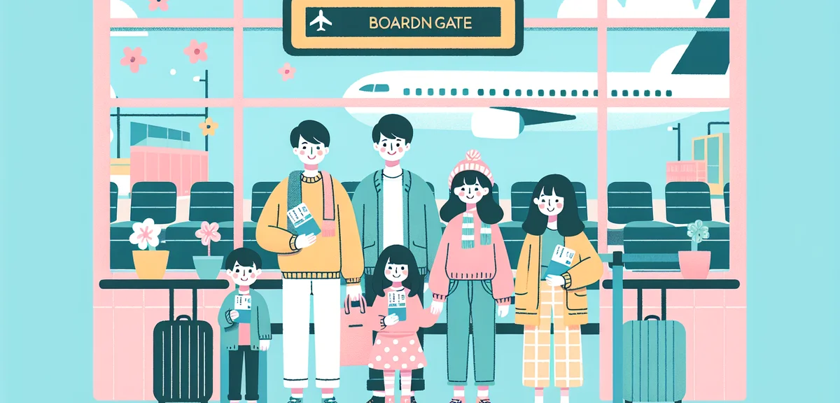 Happy Japanese family at airport boarding gate with boarding passes, spring vacation atmosphere, air
