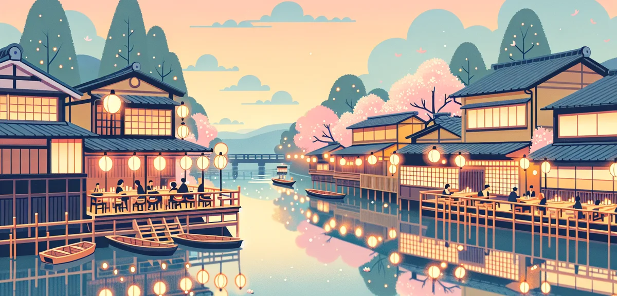 Kamogawa River in Kyoto at dusk with traditional wooden restaurant terraces (kawadoko), lanterns ref