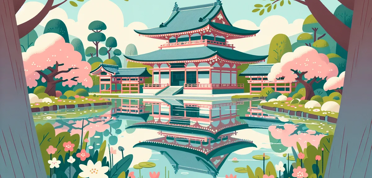 Uji Byodo-in Phoenix Hall reflected in pond with spring greenery, serene Japanese garden, clear blue